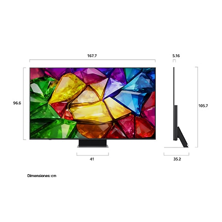 LG Mini RGB evo AI MRGB85 shown in front and side views highlights a 75-inch display with a 1677 mm-wide screen, a 966 mm screen height, a 1032 mm height with stand, a 51.6 mm depth, and a stand footprint measuring 1499 by 359 mm.